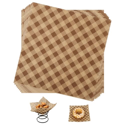 100pcs Waxed Deli Paper Sheets, 7.1x7.1 in Greaseproof Food Basket Liners Squares Checkered Sandwich & Burger Wraps Tray Parchment Liners for Serving Food Picnics Restaurants (Brown)