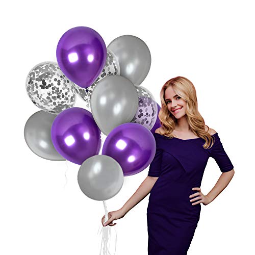 Silver and Purple Metallic Balloons and Clear Latex Pre-Filled with Silver Confetti 44 Pack 12 Inch for Wedding Anniversary Bachelorette Bridal Shower Mardi Gras Birthday and Graduation Party Supplies