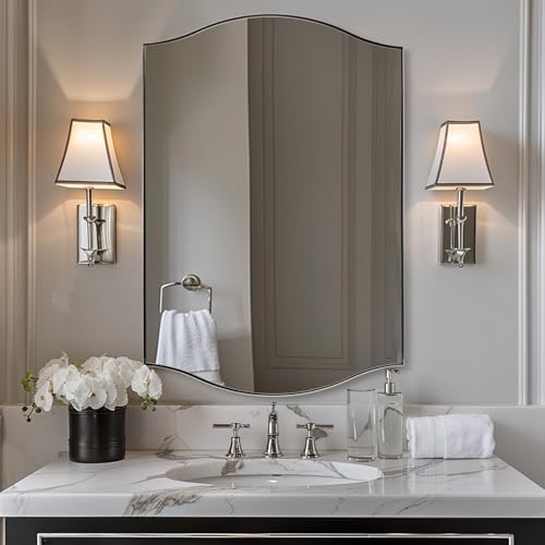 Image of ANDY STAR 26 inchx38 inch Scalloped Mirror for Bathroom，Polished Chrome Rectangle Wall Mirror with Curved Edge Stainless Steel Metal Frame, Wall-Mounted Mirror for Bathroom, Entryway, Living Room