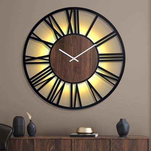 Mee 2ou Orologio da Parete Grande con Luce Notturna a Batteria – 80 cm Silenzioso, Moderno, Effetto Legno, LED Luminoso al Buio, Ideale per Soggiorno, Camera da Letto, Cucina