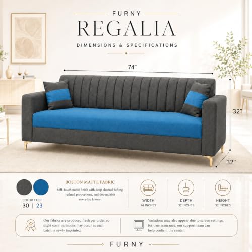 Image of FURNY Signature Regalia 3 Seater Sofa Set | Boston Fabric | 40D Foam + Zigzag Spring | 3-Yr Warranty (Ash Grey, Ocean Blue) | Modern Living Luxury Sofa Set for Home, Office & Hotel Spaces
