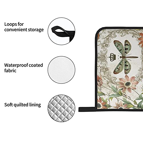 Vintage French Dragonfly Oven Mitts And Pot Holders Sets 4 Pcs Set, Heat Resistant Soft Cotton Lining With Non-Slip Surface Oven Gloves For Kitchen Cooking Baking Bbq #TOP6