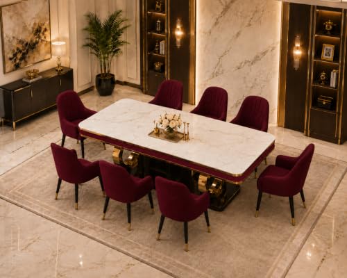 Image of 8-Seater Dining Table with Nano Composite Marble Top and PVC Golden Wooden Base |2yr Warranty - Includes 8 Fabric Upholstered Chairs