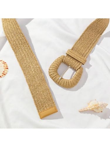 Bsubseach Women Boho Straw Woven Belt Elastic Waistband Stretch Waist Belts Braided Wide Dress Belt3