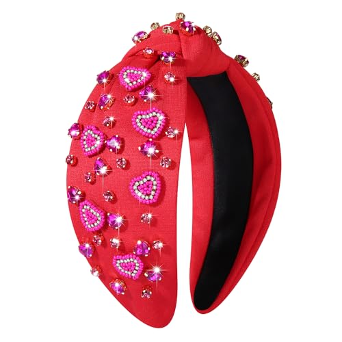 mokkia Valentine’s Day Headbands for Women Valentine’s Day Accessories Jeweled Beaded Heart Knotted Headband Pink Red Rhinestone Wide Top Knot Headband Valentine Party Favors Gifts (Heart Headband 2)