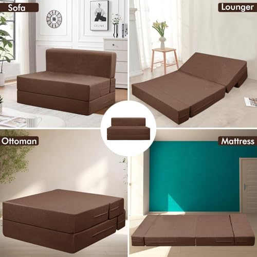 Image of Rosebell-3x6 Feet 1 Seater Foldable Sofa Cum Bed Jute Fabric Sofa Bed with One Cushion | Ideal for Home & Office Guests - Brown