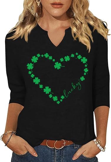 3/4 Sleeve St Patrick's Day Shirts for Women Lucky Irish Shamrock Graphic Shirts Festival Party Tops Blouse