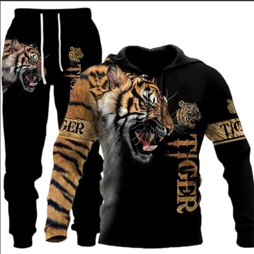hiegi Athletic - Tuta sportiva da uomo, 2 pezzi, con leone 3D, tigre, lupo, casual, jogging, felpa con cappuccio, L