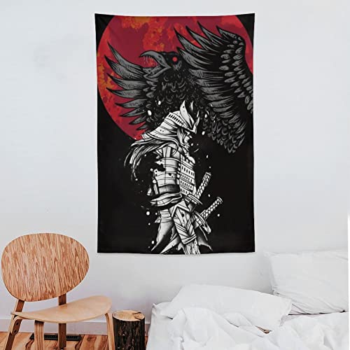Qlazo Japanese Samurai Guard Black Crow Sunset Art Tapestry Tapestry Wall Hanging Curtain Decor Bedroom Home Living Room Wall Art Tapestries 40"X60" #TOP6