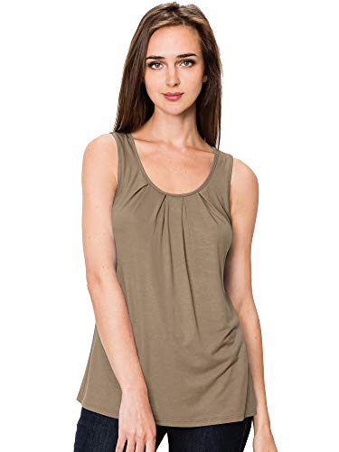 Lock and Love LL WT2148 Women s Summer Sleeveless Scoop Neck Pleated Loose Fit Casual Tank Top XXL Taupe