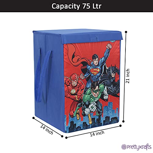 Image of PrettyKrafts 75 L Non Woven SuperMan Rectangular Foldable Large Laundry Bag /Basket With Lid & Handles, Freestanding Clothes Storage Organizer for Bedroom (36x36x53cm, Blue, Set of 1)
