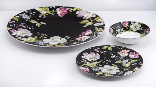 Image of GOLDEN QUEEN'S Handcrafted 12 Pieces Dinner Set | 4 Dinner Plates, 4 Small Bowls & 4 Snack Plates | Perfect for Hosting Guests and Daily Meals - Garden Splendor Black