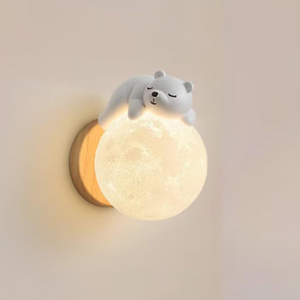 LED Mond Wandlampe Innen Bären Wandleuchte Holz Cartoon Mond Lampe Moderne Dekoration Wandbeleuchtung Jungen und Mädchen Kinderzimmerlampe G9 Nachttischlampe für Schlafzimmer Wohnzimmer Flur