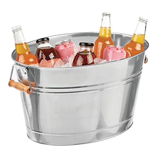 Mdesign Large Metal Beverage Tub Oval Cooler For Beer, Wine, Ice, And Drinks - Portable 4.75 Gallon/18 Liter Cold Drink Trough For Parties - Steel Bin Bucket Stand With Bamboo Handles, Chrome #TOP4