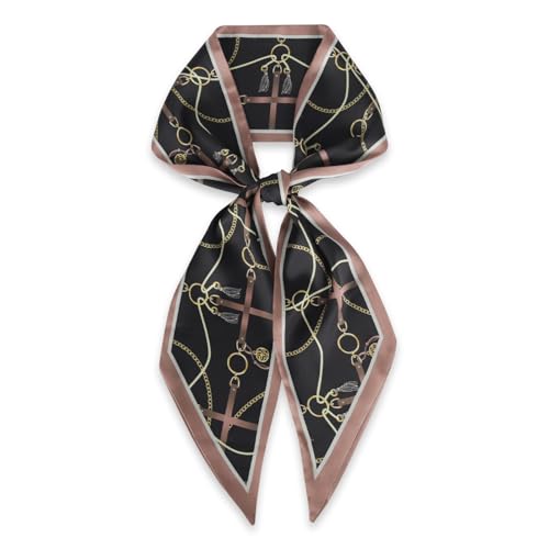 Relang Satin Scarf Mulberry Silk Printed Head Wrap Hair Band 7"" x 59"" Black Chain