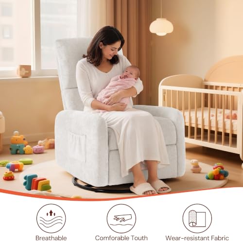 Image of Korser 360 Rocking Chair, Nursery Rocker Chair with Side Pockets, Glider Nursing Chair with Steel Structure Base, Small Chair for Small Spaces, Chenille Swivel Accent Chairs for Living Room, Nursing