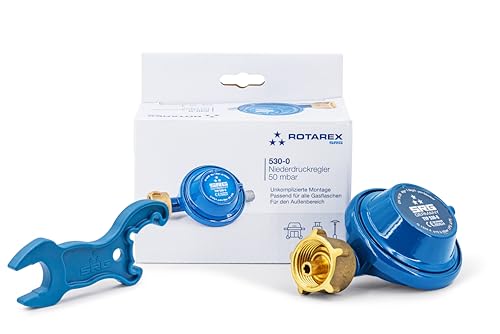 Rotarex Niederdruckregler 50mbar 1,0 kg/h inkl. Gasflaschenschlüssel für Gasgrill, Kocher, Heizstrahler, Terassenstrahler