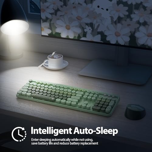 Image of Fogruaden Green Keyboard and Mouse Wireless, Retro Typewriter Keyboard, 2.4GHz 104 Keys Full Size Cute Keyboard with Number Pad, Gradient Colorful Keyboard with Round Keycaps for Windows PC Laptop