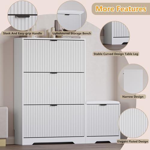 Image of BORNOON Slim Shoe Cabinet with Bench for Entryway, Hidden Storage and Adjustable Shelves, Free Standing Wooden Shoes Organizer for Foyer, Hallway