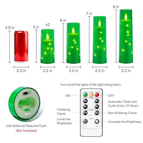Image of Raycare St. Patrick's Day Flameless Candle with Remote Timer - 5 Flickering Acrylic Battery Operated LED Pillar Candles with Embedded Star String for Christmas, Home Decor, and as a Gift(Green)
