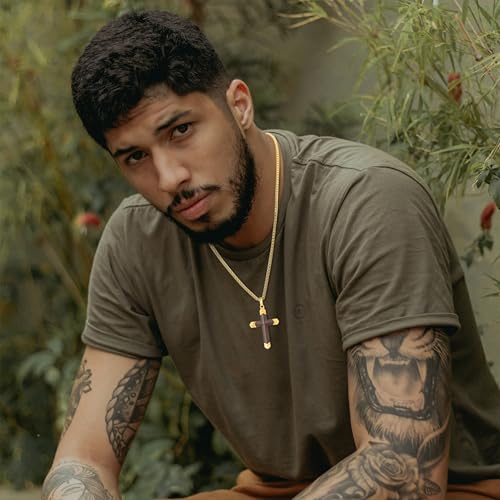 Wooden Cross Necklace for Men, 18K Gold Plated Stainless Steel Mens Cross Necklaces Hand Inlaid Real Ebony, Christian Black Wood Crucifix Pendant 24" Box Chain3