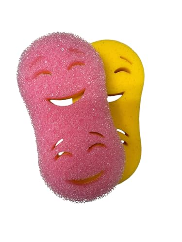 Image of Smilyeez Double-Size Scrub Moji Duo Sponge 2-Pack - Dual Smiling Faces, Temperature-Responsive Scrubber - Scratch-Free, Odor & Stain Resistant