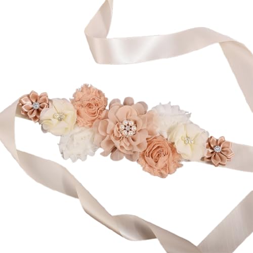 Flower Maternity Sash Belt, Wedding Bridal Belt Sash with Flower Rhinestone Pearl for Bride Bridesmaid Maternity Flower Dress (E)