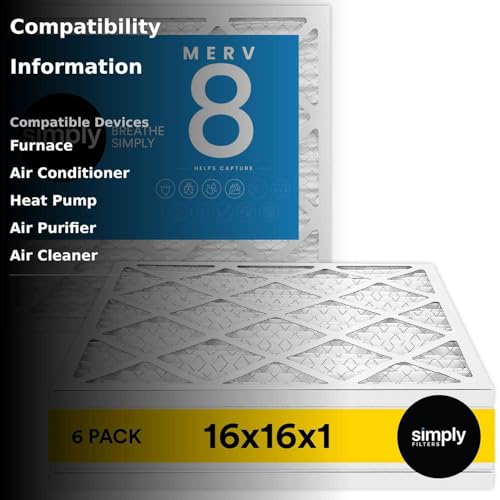 Simply 16x16x1 Air Filter, Merv 8, MPR 600, 6 Pack, Furnace Air Filter for HVAC (Actual Size: 15.75