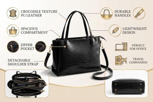 Image of AVERAA Women's Premium Croco Pattern Handbag with Sling Strap | Large Tote Purse L14xW6x9 Inch | Multi-Compartment Office Bag | Stylish Shoulder Bag for Work, Travel & Daily Use