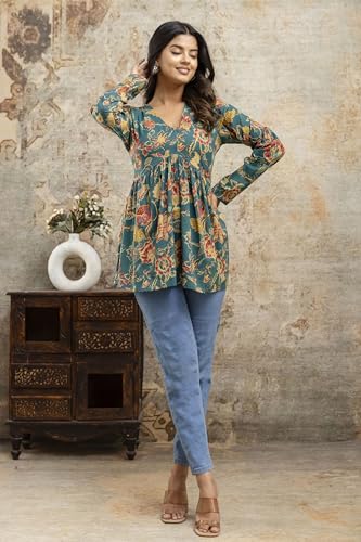 Image of LABEL ADRIJA Cotton V Neck Anarkali Short Kurti for Women Full Sleeve Floral Print | Short Kurtis for Women on Jeans