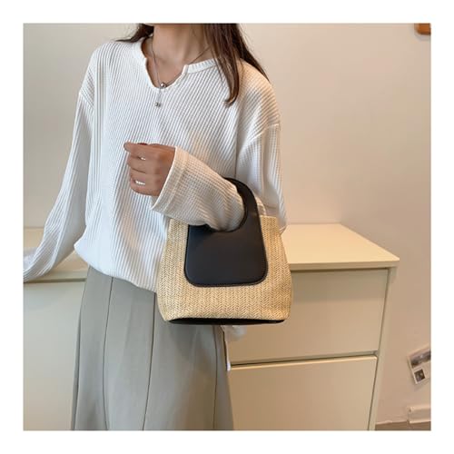 Bolso tote retro de paja para mujer, bolso de mano tejido con bloques de color, bolso grande con asas superiores y bandolera para primavera y verano miniatura 7