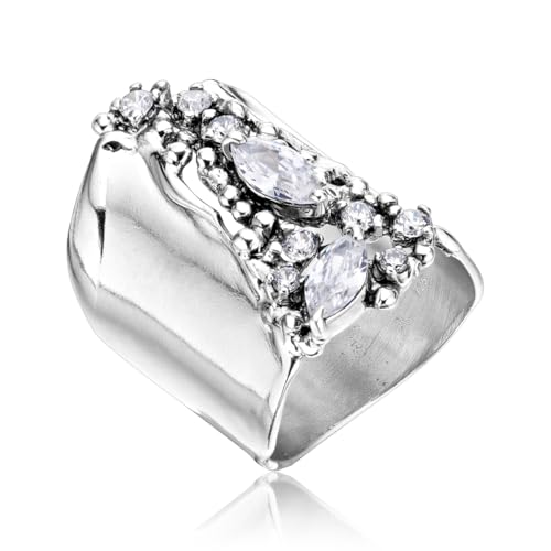 JEAN RACHEL JEWELRY 925 Sterling Silver Ring - Shield Ring with Cubic Zirconia - Vintage Design Statement Rings for Women - Hypoallergenic, Lead & Nickel Free Jewelry Artisan Handcrafted Collection