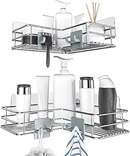 Nieifi Adhesive Corner Shower Caddy Shelf Basket Rack with Hooks, Rust Proof Stainless Steel Bathroom Shelf Shampoo Holder No Drilling 2 Pack
