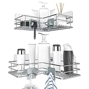 Nieifi Adhesive Corner Shower Caddy Shelf Basket Rack with Hooks, Rust Proof Stainless Steel Bathroom Shelf Shampoo Holder No Drilling 2 Pack