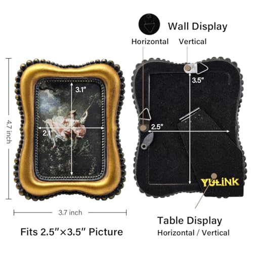 YULINK Kleiner Vintage-Bilderrahmen, 6,3 x 8,9 cm, Antik-Bronze-Gold, winziger kunstvoller Bilderrahmen, für Tischplatte und Wand… – Ansicht 5