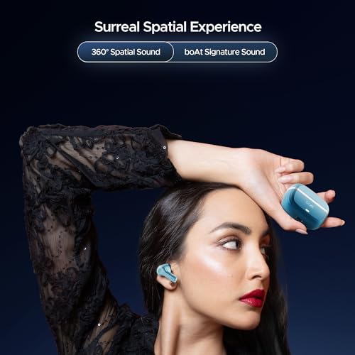 Boat Nirvana Space, 360º Spatial Audio, Active Noise Cancellation (~32dB), 100Hrs Battery,4Mics ENx, Fast Charge, v5.3 Bluetooth Earbuds, TWS Ear Buds Wireless Earphones with mic (Infinity Blue)