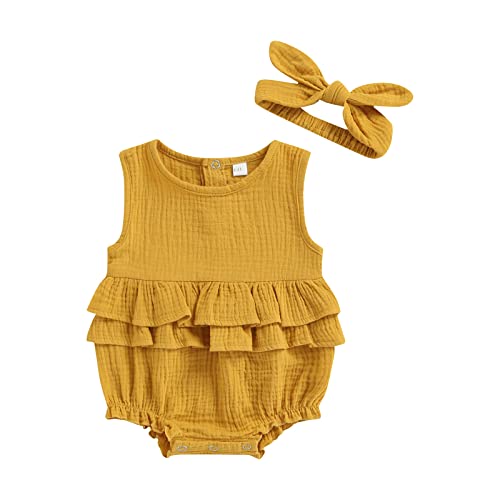 Image of Veurshop Newborn Baby Girls Summer Clothes One Piece Rompers Shorts Cute Overalls Jumpsuit Outfit Headband (Ginger,0-3 Months)