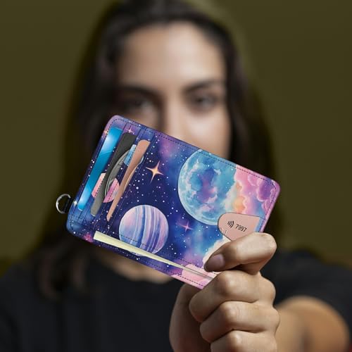 Image of Small Travel Wallets, Pink Starry Planets Slim Minimalist Front Pocket Wallet with Wristlet, RFID Blocking PU Leather Credit Card Holder with ID Window Change Purse for Men Women