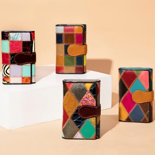 Wallet Women, Elegant Ladies Handmade Bag Short Wallet Colorful Splicing Coin Purse Multi Card Position Head Layer Cowhide Money Clip (4203Lacquered Leather Diamond)4