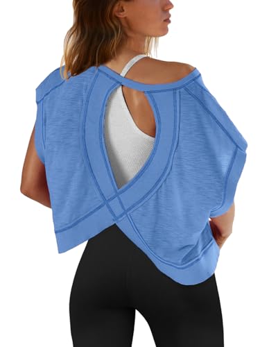 SENSERISE Womens Open Back Workout Tops Backless Short Sleeve Athletic Shirt Running Crop Top Gym Yoga Tee(Blue,S)