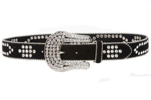 Western Rhinestone Silver Studded Faux Fur Genuine Leather Belt Size: M/L - 38 Color: Black
