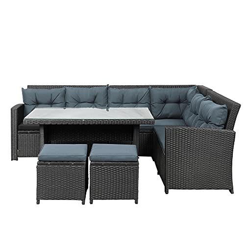 Godafa 7 Seating Outdoor Patio Furniture Sectional Sofa Set, All-Weather L Shaped Couch With Glass Table, Ottomans For Backyard Porch Poolside, Black #TOP3