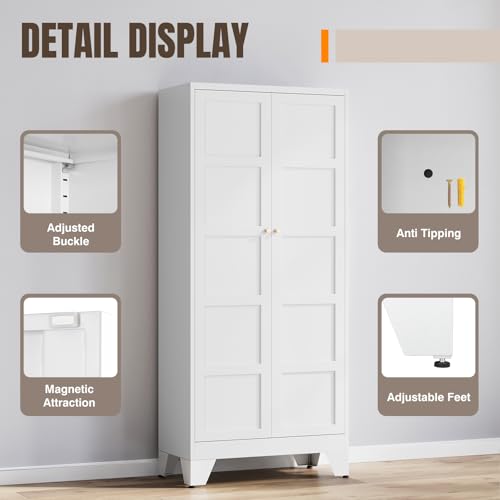 Image of Yizosh Metal Storage Cabinet with 2 Doors and 4 Adjustable Shelves,- 71 inch White Kitchen Pantry Storage Cabinet for Kitchen,Dining Room,Living Room