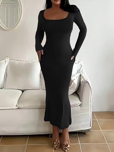 HBQ Women's Bodycon Maxi Dress Long Sleeve Square Neck Lounge Dresses Sexy Night Out Party Dress3