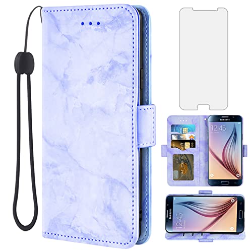 Asuwish Compatible with Samsung Galaxy S6 Case and Tempered Glass Screen Protector Cell Card Holder Slot Kickstand Marble Wallet Phone Cover for Glaxay S 6 Gaxaly 6s Galaxies GS6 SM-G920V G920A Purple
