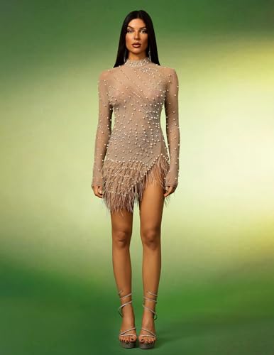 Beige Sexy Mock Neck Long Sleeve See Through Fringe Dress Cocktail Mini Rhinestone Bodycon Mesh Beaded Pearl Dress Women2