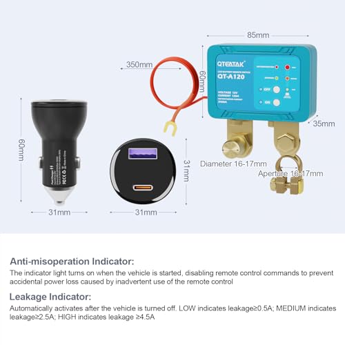 Image of 12V 120A Remote Battery Disconnect Switch | with Fast Charging Car Cigarette Lighter & Voltage Display, Anti-Theft, Battery Leakage Protection,2 Remote Control Keys