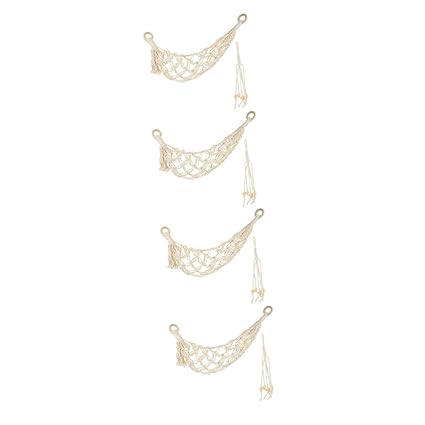 Kisangel 4 Sets Fruit Hammock Banana Holder Convenient Hanging Basket Fruit Organizer Woven Fruit Basket Boho Plant Hanger Multi Purpose Hanger Decor Bohemia Cotton Net Bag White