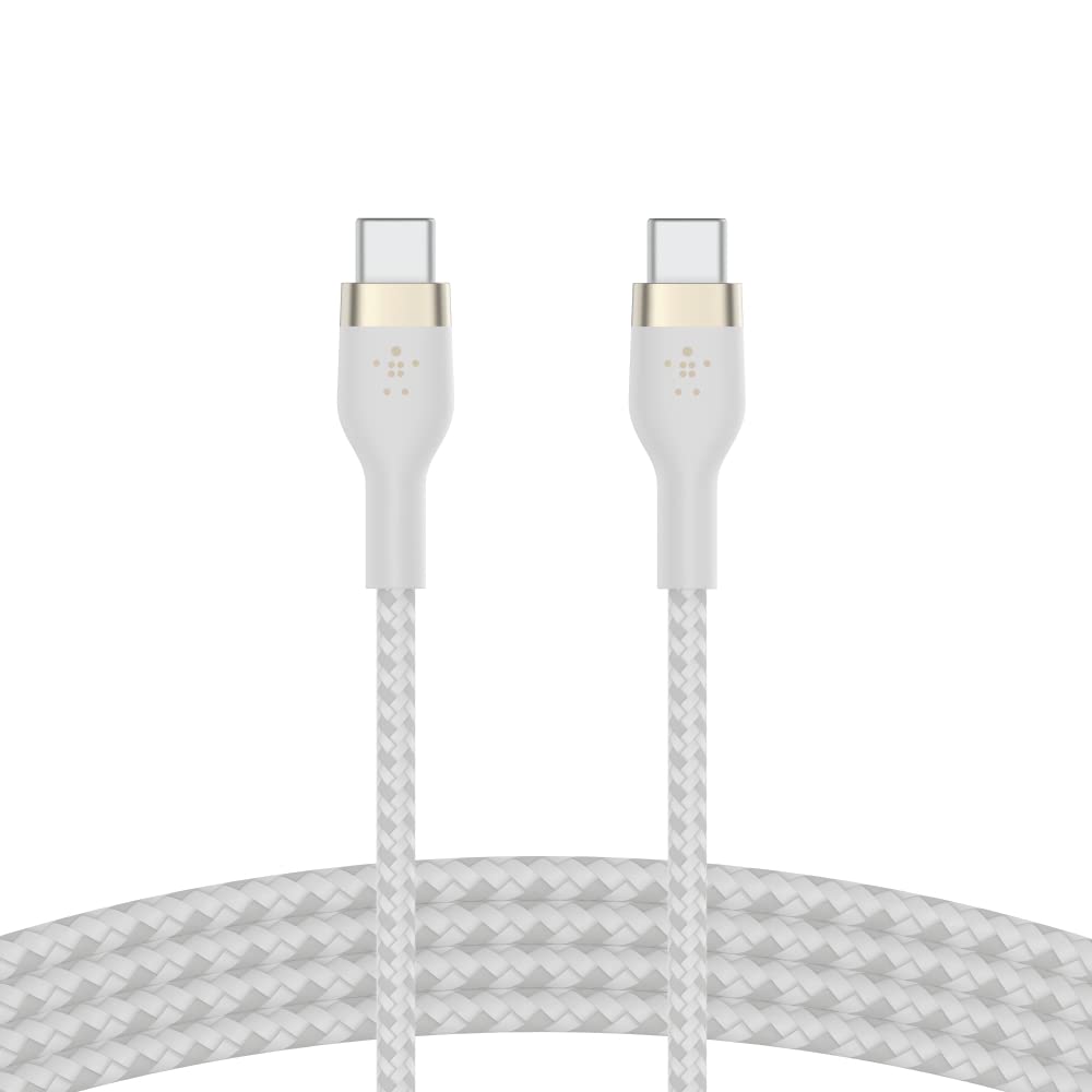 Belkin BoostCharge Pro Flex Braided USB C charger cable, USB-IF certified Power Delivery PD type C fast charging cable for iPhone 16, 15, Galaxy S24, S23, MacBook Pro, iPad, Pixel and more – 1m, white