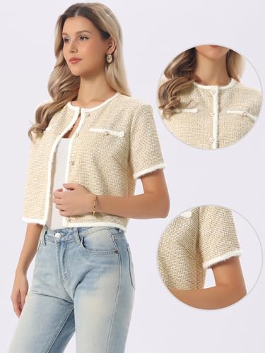 Image of Allegra K Short Sleeve Tweed Jacket for Women Summer Crew Neck Button Front Cropped Cardigan